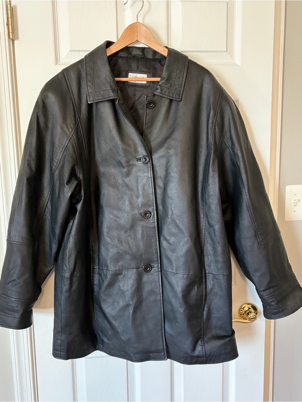 Tribeca Studio Vintage Black Genuine Leather Coat Jacket Button Down  mid-length